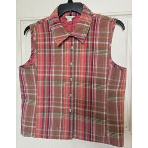Christopher & Banks Size L Plaid Quilted Vest Snap Front Pockets Pink,Green,Blue